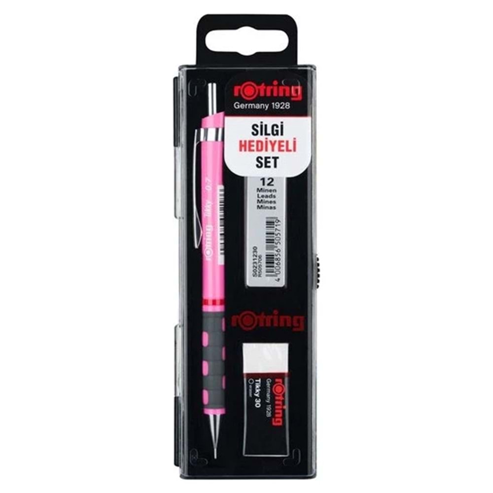 Rotring Tikky Okul Seti 0.7 mm Neon Pembe Versatil Kalem + Silgi + Uç