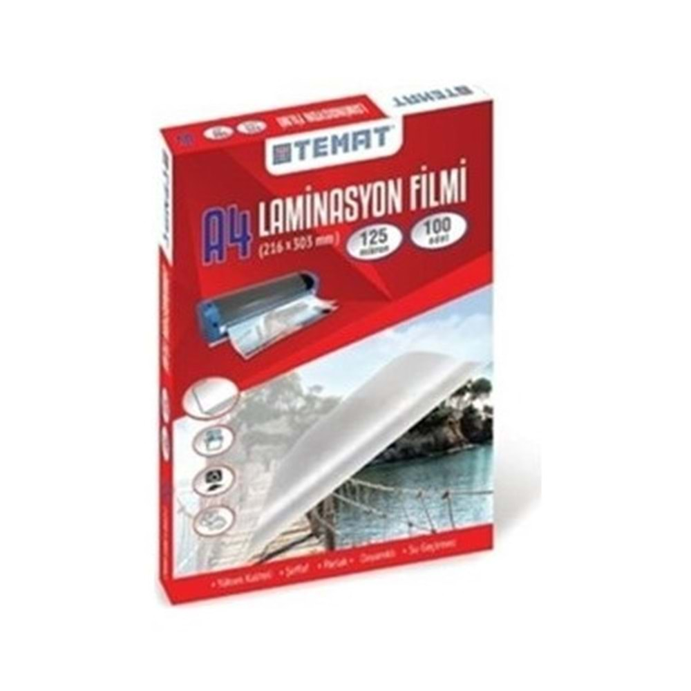 Temat A4 Laminasyon Filmi (216 x 303MM) 125 Mikron 100'LÜ Kutu